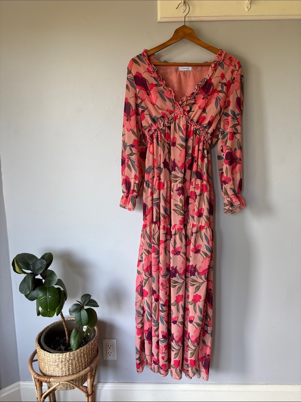 Cloudwalk Pink Floral Maxi Dress Ruffle Long Sleeve Cottagecore Size Small